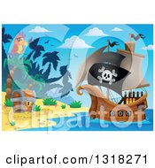 Poster, Art Print Of Cartoon Pirate Ship Sailing With A Jolly Roger Flag By A Parrot And Treasure Ches Ton An Island
