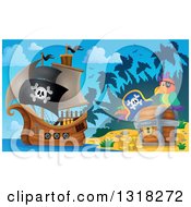 Poster, Art Print Of Cartoon Pirate Ship Sailing With A Jolly Roger Flag By A Parrot And Treasure Ches Ton An Island 2