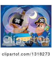 Poster, Art Print Of Cartoon Pirate Ship Sailing With A Jolly Roger Flag And A Pirate Sitting With A Parrot And Treasure In An Island Cave