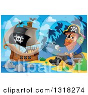 Poster, Art Print Of Cartoon Pirate Ship Sailing With A Jolly Roger Flag And A Pirate Sitting With A Parrot And Treasure On An Island Beach