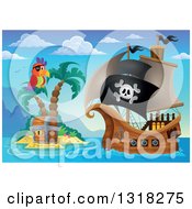 Poster, Art Print Of Cartoon Pirate Ship Sailing With A Jolly Roger Flag By A Parrot And Treasure Ches Ton An Island 3