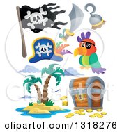 Poster, Art Print Of Cartoon Pirate Parrot Accessories Jolly Roger Treasure Chest And Island