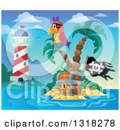 Poster, Art Print Of Cartoon Shining Lighthouse By A Pirate Parrot On An Island Palm Tree Over A Treasure Chest With A Jolly Roger Flag