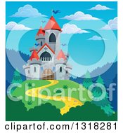 Poster, Art Print Of Gray Stone Castle With Red Turrets On A Hill Top Against Blue Sky