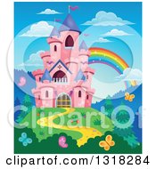 Poster, Art Print Of Pink Castle With Purple Turrets On A Hill Top With Butterflies And A Rainbow
