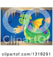 Poster, Art Print Of Green Fire Breathing Dragon In A Cave With Bats