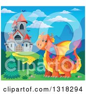 Poster, Art Print Of Gray Stone Castle With Red Turrets And An Orange Dragon During The Day