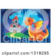Poster, Art Print Of Gray Stone Castle With Red Turrets And An Orange Dragon In A Cave
