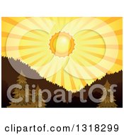 Clipart Of A Shining Orange Sunset Sun And Rays Over A Forest And Mountains Royalty Free Vector Illustration