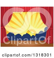 Poster, Art Print Of Stage Setting Of The Sun And Silhouetted Shrubs Framed With Red Drapes 4