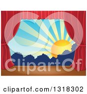 Poster, Art Print Of Stage Setting Of The Sun And Silhouetted Shrubs Framed With Red Drapes 5