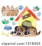 Poster, Art Print Of Cartoon Dog Resting By His House With Accessories