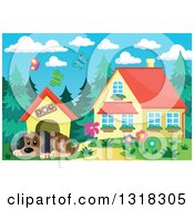 Poster, Art Print Of Cartoon Dog Resting By His House On A Spring Day With A House In The Background