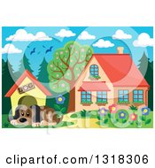 Poster, Art Print Of Cartoon Dog Resting By His House On A Sunny Day With A House In The Background