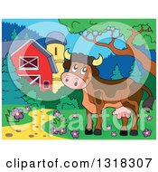 Poster, Art Print Of Cartoon Brown Cow In A Yard By A Barn And Silo During The Day
