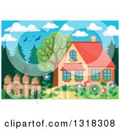 Poster, Art Print Of Cartoon Home With A Flower Garden Forest And Birds Under A Day Sky