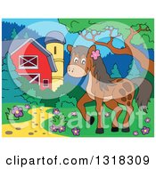 Poster, Art Print Of Cartoon Brown Horse In A Yard By A Barn And Silo During The Day
