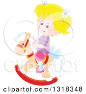 Poster, Art Print Of Cartoon Blond Caucasian Girl Playing On A Rocking Horse