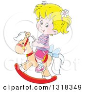 Poster, Art Print Of Cartoon Blond White Girl Playing On A Rocking Horse