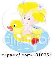 Poster, Art Print Of Cartoon Blond Caucasian Girl Swimming With A Duck Inner Tube