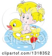 Poster, Art Print Of Cartoon Blond White Girl Swimming With A Duck Inner Tube