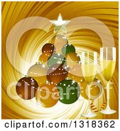 Poster, Art Print Of Christmas Ornament Bauble Christmas Tree With 3d Champagne Glasses Over A Gold Swirl