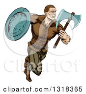 Muscular Viking Warrior Sprinting With An Axe And Shield