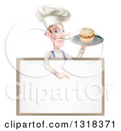 White Male Chef With A Curling Mustache Holding A Cupcake On A Tray And Pointing Down Over A Blank Menu Sign