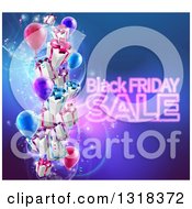 Clipart Of Neon Black Friday Sale Text With 3d Party Balloons And Floating Gifts On Blue Royalty Free Vector Illustration