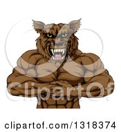Poster, Art Print Of Tough Vicious Muscular Brown Wolf Man Punching His Fist Into Palm