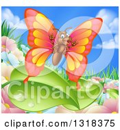 Cartoon Happy Butterfly Over Summer Flowers Leaves And Sky