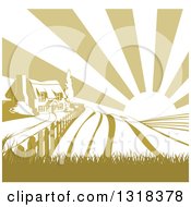 Poster, Art Print Of Cottage Farmhouse Atop A Hill With Fields At Sunrise