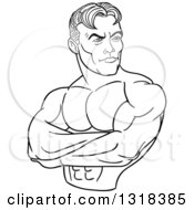 Lineart Clipart Of A Cartoon Black And White White Male Bodybuilder With Folded Arms Looking To The Side Royalty Free Outline Vector Illustration