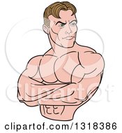 Cartoon White Male Bodybuilder With Folded Arms Looking To The Side
