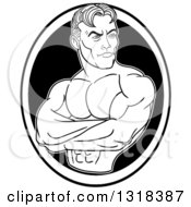 Poster, Art Print Of Cartoon Black And White White Male Bodybuilder With Folded Arms Looking To The Side In An Oval