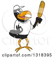 Clipart Of A Cartoon Casual Black Crow Mascot Holding A Corn Dog Royalty Free Vector Illustration