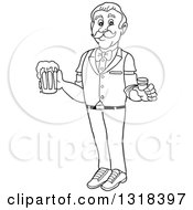 Cartoon Black And White Male Bartender Holding A Shot Glass And Beer Mug