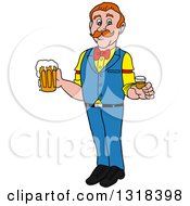 Poster, Art Print Of Cartoon White Male Bartender Holding A Shot Glass And Beer Mug