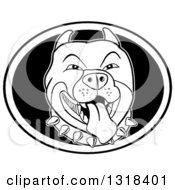 Clipart Of A Cartoon Black And White Panting Pitbull Face With A Spiked Collar Royalty Free Vector Illustration
