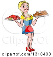 Cartoon Blond White Female Waitress Serving Lobster Steak And Shrimp