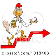 Cartoon Scientist Chicken Holding An Egg And Feed And Walking Up Arrow Steps