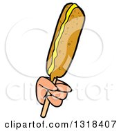 Clipart Of A Cartoon White Hand Holding A Corn Dog With Mustard Royalty Free Vector Illustration