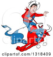 Cartoon Rodeo Cowboy Riding A Charging Angy Texan Flag Bull