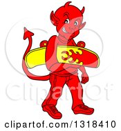 Clipart Of A Cartoon Red Teenage Devil Carrying A Skateboard Royalty Free Vector Illustration