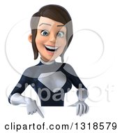 Clipart Of A 3d Brunette White Female Super Hero In A Black And White Suit Pointing Down Over A Sign Royalty Free Illustration by Julos