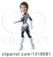 Clipart Of A 3d Brunette White Female Super Hero In A Black And White Suit Presenting Royalty Free Illustration by Julos