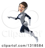Clipart Of A 3d Brunette White Female Super Hero In A Black And White Suit Flying And Pointing Royalty Free Illustration by Julos