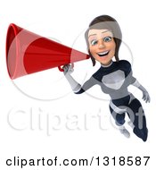 Clipart Of A 3d Brunette White Female Super Hero In A Black And White Suit Flying And Announcing With A Megaphone Royalty Free Illustration by Julos