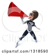 Clipart Of A 3d Bespectacled Brunette White Female Super Hero In A Black And White Suit Announcing Up To The Left With A Megahone Royalty Free Illustration by Julos