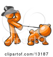 Orange Man Walking A Tough Bulldog On A Leash